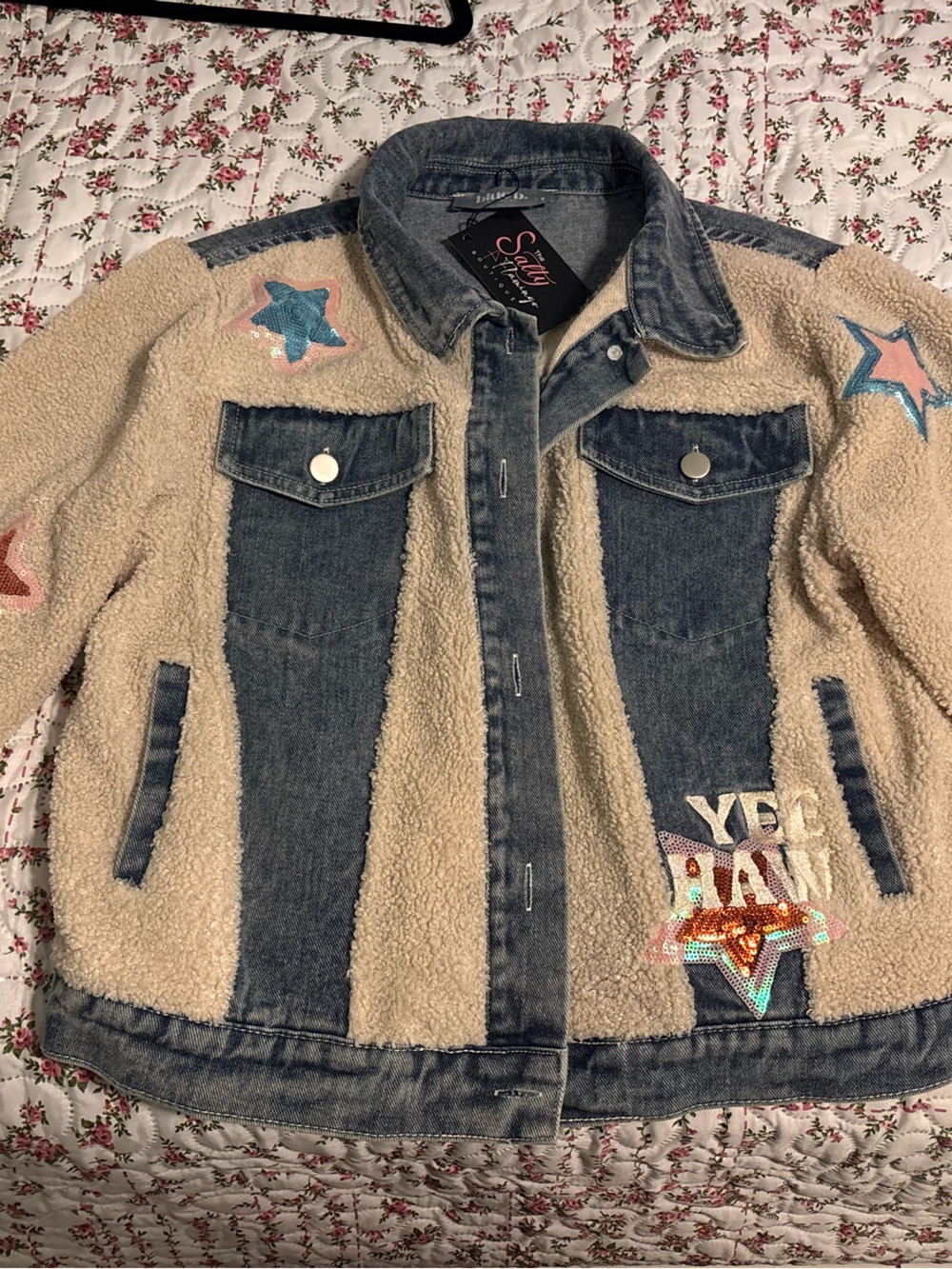 Beige Sherpa Jacket with Denim Trim and Star Appliqués